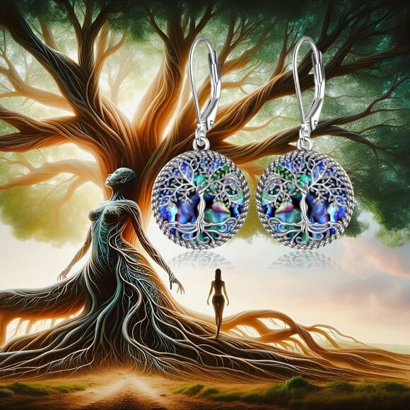 925 Sterling Silver Tree Of Life Earrings Tree Of Life Abalone Shell - Picture 6 of 7